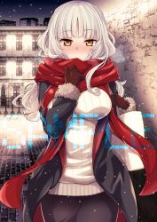 Rule 34 | 1girl, bag, blunt bangs, blush, breasts, brown gloves, carmilla (fate), city, coat, fate/grand order, fate (series), fue (rhomphair), fur trim, gloves, large breasts, long hair, looking at viewer, night, outdoors, sample watermark, scarf, silver hair, snowing, solo, sweater, watermark, winter clothes, winter coat, yellow eyes