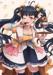 Rule 34 | 1girl, ;d, absurdres, ahoge, black hair, black thighhighs, blue ribbon, breasts, cherry earrings, cleavage, earrings, eating, food, food-themed earrings, food-themed hair ornament, food themed earrings, fruit, fruit background, hair ornament, highres, jewelry, long hair, looking at viewer, one eye closed, open mouth, original, parfait, parfaith, pink eyes, ribbon, simple background, smile, solo, spoon, strawberry hair ornament, thighhighs, tray, twintails