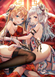 Rule 34 | 2girls, absurdres, arm garter, ass, backless dress, backless outfit, bangle, baozi, bare shoulders, blonde hair, blurry, bokeh, bracelet, breasts, bridal gauntlets, brown legwear, bun cover, china dress, chinese clothes, clothes between thighs, clothing cutout, commentary, cross-laced clothes, cross-laced cutout, depth of field, dress, eating, floral print, folded fan, folding fan, food, garter straps, gold trim, green eyes, hair bun, hair ornament, hairpin, hand fan, hand on own thigh, highres, holding, huwari (dnwls3010), jewelry, large breasts, long hair, looking at viewer, medium breasts, multiple girls, nail polish, open mouth, original, panties, pelvic curtain, red dress, red eyes, sideless outfit, silver hair, single hair bun, sleeveless, sleeveless dress, smile, thighhighs, thighs, twintails, underwear, white dress, white panties