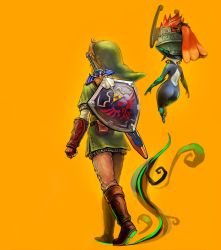 Rule 34 | 1boy, 1girl, absurdres, ass, blonde hair, butiboco, from behind, helmet, highres, hylian shield, link, long hair, midna, nintendo, orange hair, pointy ears, red hair, shield, shield on back, the legend of zelda, the legend of zelda: twilight princess, weapon, yellow background
