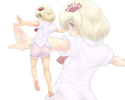 Rule 34 | 1girl, barefoot, blonde hair, bloomers, blush, feet, hair ribbon, highres, kuro suto sukii, looking at viewer, looking back, outstretched arms, red eyes, ribbon, rumia, short hair, solo, touhou, underwear, zoom layer