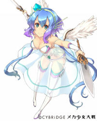 Rule 34 | 1girl, aoki lapis, blue eyes, blue hair, blush, boots, breasts, circle skirt, cleavage, dagger, dress, feathered wings, fighting stance, frown, full body, headphones, highres, holding, holding weapon, keypot, knife, large breasts, long hair, looking at viewer, mecha shoujo taisen z, panties, see-through, see-through dress, solo, sword, thigh boots, thighhighs, twintails, underwear, vocaloid, weapon, white background, white panties, white wings, wings