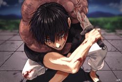 Rule 34 | 1000 (user 1527793), 1boy, black footwear, black hair, black shirt, blood, blood on face, bloody weapon, blue eyes, blurry, blurry background, fighting stance, full body, fushiguro touji, hair between eyes, highres, holding, holding sword, holding weapon, jujutsu kaisen, looking at viewer, male focus, monster, on one knee, outdoors, pants, shirt, shoes, short hair, short sleeves, short sword, smile, solo, sword, tsurime, weapon, white pants