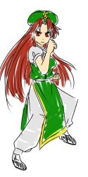 Rule 34 | 1girl, female focus, fighting stance, hat, hong meiling, immaterial and missing power, long hair, red eyes, red hair, solo, touhou, wabi (wbsk), wabi tsubaki