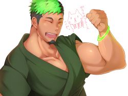 Rule 34 | 1boy, :d, ^ ^, bara, biceps, black hair, blush, closed eyes, crow (siranui), dark-skinned male, dark skin, facial hair, flexing, goatee, green hair, green kimono, highres, ikusaba daisuke, japanese clothes, kimono, large pectorals, male focus, multicolored hair, muscular, muscular male, open mouth, pectoral cleavage, pectorals, short hair, sideburns, smile, solo, taurus mask, tied sleeves, tokyo houkago summoners, translation request, two-tone hair, upper body