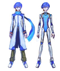Rule 34 | 1boy, android, arms at sides, bad id, bad pixiv id, blue eyes, blue hair, blue scarf, bright pupils, brown pants, unworn clothes, coat, full body, highres, joints, kaito (vocaloid), long coat, looking at viewer, male focus, no penis, pants, robot joints, scarf, shikuchouson, short hair, simple background, smile, solo, standing, swept bangs, vocaloid, white background