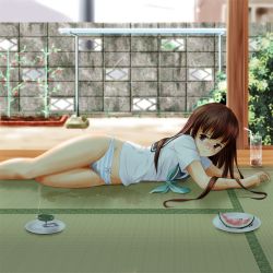 Rule 34 | 1girl, blue bow, blurry, blurry background, blush, bow, bow panties, brown eyes, brown hair, casual peeing, female focus, food, fruit, glass, highres, incense, long hair, looking at viewer, lying, midriff, mosquito coil, nikkeru suiso, no pants, on side, original, panties, pee, pee stain, peeing, peeing self, print clothes, print panties, print underwear, puddle, purposeful wetting, saucer, school uniform, shirt, short sleeves, smoke, solo, stain, stained clothes, stained panties, stained underwear, straw, striped clothes, striped panties, tatami, thighs, underwear, watermelon, watermelon slice, wet, wet clothes, wet panties, wet underwear, white shirt