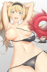 Rule 34 | 1girl, arms behind head, bad id, bad pixiv id, bikini, unworn bikini top, black bikini, black hairband, blonde hair, blue eyes, blush, breasts, enemy lifebuoy (kancolle), gambier bay (kancolle), hairband, highres, inverted nipples, kantai collection, large breasts, looking at viewer, midriff, navel, nipples, open mouth, pallad, simple background, swimsuit, twintails, white background