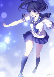 Rule 34 | 10s, 1girl, absurdres, black hair, black rock shooter, blue eyes, blue skirt, highres, kuroi mato, long hair, open mouth, pleated skirt, school uniform, skirt, solo, star (symbol), twintails, xiaoxie