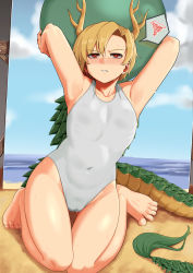 Rule 34 | 1girl, absurdres, antlers, armpits, baketsuya, beach, blonde hair, blush, breasts, cameltoe, collarbone, commentary request, covered erect nipples, dragon girl, dragon tail, glaring, highres, horns, kicchou yachie, nostrils, one-piece swimsuit, red eyes, ribs, sand, short hair, small breasts, solo, swimsuit, tail, thighs, toenails, touhou, turtle shell, v-shaped eyebrows