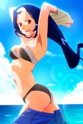 Rule 34 | 1girl, armpits, arms up, asahina natsuki, bikini, blue hair, clothes lift, clothes pull, cowboy shot, day, hairband, lens flare, long hair, looking at viewer, mole, mole under mouth, navel, non-web source, ocean, official art, open mouth, outdoors, pants, pants pull, photoshop (medium), red eyes, shirt lift, solo, strapless, strapless bikini, super real mahjong, swimsuit, tanaka ryou, undressing