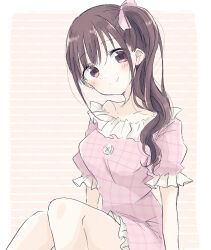 Rule 34 | 1girl, arms at sides, baran. (ba ra ran), blush, breasts, brown eyes, brown hair, buttons, choppy bangs, closed mouth, collarbone, commentary, dress, frilled dress, frills, hair ribbon, head tilt, highres, idolmaster, idolmaster shiny colors, looking at viewer, medium breasts, orange background, pink dress, pink ribbon, plaid, plaid dress, puffy short sleeves, puffy sleeves, ribbon, short dress, short sleeves, side ponytail, sidelocks, single off shoulder, sitting, smile, solo, sonoda chiyoko, split mouth, striped background
