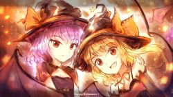 Rule 34 | 2girls, alternate costume, arms at sides, bare shoulders, bat wings, black dress, blonde hair, capelet, crystal, detached sleeves, dress, fangs, flandre scarlet, gradient background, happy halloween, hat, hat ribbon, light purple hair, light smile, minust, multiple girls, open mouth, red dress, red eyes, remilia scarlet, ribbon, short hair, siblings, side ponytail, sisters, sketch, slit pupils, star (symbol), touhou, tsurime, vampire, wings, witch hat