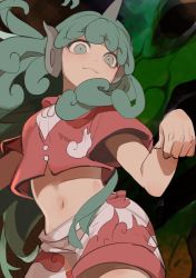 Rule 34 | 1girl, :3, animal ears, aqua eyes, aqua hair, buttons, clenched hand, cloud print, collared shirt, commentary, cowboy shot, crop top, crop top overhang, cropped shirt, curly hair, dutch angle, floating hair, green eyes, hands up, highres, horns, kariyushi shirt, kerok (joniko1110), komano aunn, long hair, looking at viewer, looking down, midriff, navel, outstretched arms, paw pose, red shirt, shirt, shorts, single horn, sketch, solo, stomach, tank top, touhou, very long hair, white shorts, wide sleeves, wing collar