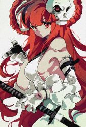 Rule 34 | 1girl, bare shoulders, braid, breasts, detached sleeves, gloves, hair ornament, hand up, highres, holding, holding sword, holding weapon, long hair, looking at viewer, makunqaq, original, red eyes, red hair, sideboob, simple background, skull hair ornament, solo, sword, weapon, white background, white gloves