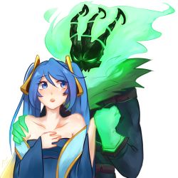 Rule 34 | 1girl, bare shoulders, blue eyes, blue hair, hand on another&#039;s shoulder, holding hands, league of legends, long hair, looking at another, md5 mismatch, simple background, sona (league of legends), spark (ray50701), thresh (league of legends), twintails, white background