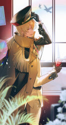 Rule 34 | 1boy, absurdres, adjusting clothes, adjusting headwear, black gloves, blonde hair, blurry, coat, coat on shoulders, cup, depth of field, drinking glass, earrings, epaulettes, fate/grand order, fate (series), from side, gilgamesh (fate), gloves, hat, highres, holding, holding cup, jewelry, k7 (kk7 000), open mouth, red eyes, red wine, short hair, smile, uniform, wine glass