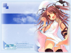 Rule 34 | 1girl, :d, ass, back, black thighhighs, brown eyes, brown hair, cloud, dress, english text, fangs, frilled thighhighs, frills, from below, hair ribbon, hat, hat ribbon, ito noizi, long hair, looking back, looking down, momose hikaru, open mouth, panties, pantyshot, peace@pieces, red eyes, ribbon, skirt, smile, solo, standing, strap slip, sun hat, thighhighs, twintails, underwear, upskirt, white dress, white panties, white skirt, wind, wind lift