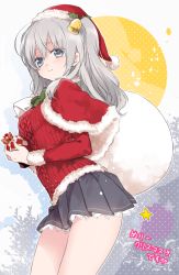 Rule 34 | !, 10s, 1girl, aran sweater, argyle, bag, bell, blush, bow, bowtie, cable knit, capelet, carrying over shoulder, christmas, christmas ornaments, closed mouth, cowboy shot, fur trim, green bow, green bowtie, grey eyes, grey hair, grey skirt, hair bell, hair ornament, hat, highres, holding, holly, kantai collection, kashima (kancolle), long hair, long sleeves, merry christmas, miniskirt, mistletoe, pleated skirt, polka dot, polka dot background, red hat, sack, santa costume, santa hat, sino (sionori), sketch, skirt, smile, solo, striped, striped bow, sweater, two side up