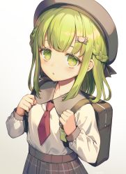 Rule 34 | 1girl, backpack, bag, bear hair ornament, beret, black skirt, braid, collared shirt, commentary request, gradient background, green eyes, green hair, grey background, grey hat, hair ornament, hairclip, hands up, hat, highres, holding strap, kikugetsu, long hair, long sleeves, looking at viewer, morinaka kazaki, necktie, nijisanji, parted lips, pleated skirt, red necktie, shirt, short necktie, skirt, solo, virtual youtuber, white background, white shirt