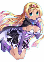 Rule 34 | 1girl, aqua eyes, black skirt, blonde hair, boots, breasts, bucchake (asami), cape, claire (hihouden), cleavage, elbow gloves, full body, gem, gloves, hairband, hihouden, index finger raised, large breasts, long hair, purple footwear, skirt, smile, solo, white background