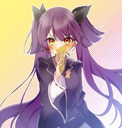 Rule 34 | 1girl, arm at side, artist name, black jacket, black ribbon, blazer, blush, commentary request, covering own mouth, gradient background, gradient eyes, hair ribbon, highres, holding, holding paper, jacket, long hair, looking at viewer, multicolored eyes, natsuse nanise, nekoashi tsubomi, outline, paper, pleated skirt, polka dot, polka dot background, purple hair, red eyes, ribbon, school uniform, skirt, solo, straight-on, twintails, two-tone eyes, two side up, upper body, very long hair, watermark, white outline, white skirt, wide sleeves, world dai star, yellow eyes