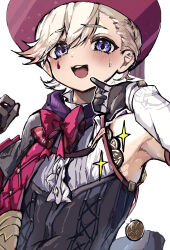Rule 34 | 1boy, armpits, blush, bow, bowtie, coin, detached sleeves, facial mark, genshin impact, gloves, grey hair, hair between eyes, hat, highres, looking at viewer, lyney (genshin impact), male focus, open mouth, purple eyes, red bow, red bowtie, simple background, solo, sparkle, teardrop facial mark, teeth, top hat, trap, upper body, upper teeth only, white background, yoruhachi