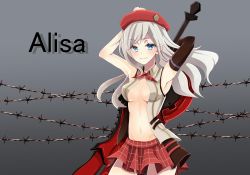 Rule 34 | 10s, 1girl, alisa ilinichina amiella, armpits, arms behind head, arms up, bare shoulders, black footwear, black gloves, blue eyes, blush, boots, breasts, cabbie hat, cowboy shot, elbow gloves, fingerless gloves, gloves, god eater, god eater 2: rage burst, hat, holding, holding weapon, huge weapon, katou kuroko, large breasts, long hair, looking at viewer, navel, open clothes, over shoulder, pantyhose, plaid, silver hair, skirt, smile, solo, standing, suspender skirt, suspenders, sword, thigh boots, thighhighs, underboob, upper body, weapon