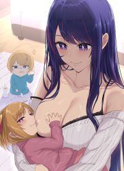 Rule 34 | 1boy, 2girls, absurdres, angry, baby, baby carry, bare shoulders, blonde hair, blue eyes, blush, bob cut, bottle, bra, breast sucking, breastfeeding, breasts, brother and sister, carrying, cleavage, collarbone, hair between eyes, highres, holding baby, hoshino ai (oshi no ko), hoshino aquamarine, hoshino ruby, lace, lace-trimmed bra, lace trim, large breasts, long hair, long sleeves, looking at viewer, mature female, micchan (micchanmeido), middle finger, milk, milk bottle, mother and daughter, mother and son, multicolored hair, multiple girls, off-shoulder sweater, off shoulder, oshi no ko, pink eyes, purple eyes, purple hair, short hair, siblings, smile, smug, star-shaped pupils, star (symbol), star in eye, sweater, symbol-shaped pupils, symbol in eye, twins, underwear