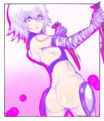 Rule 34 | 1girl, ass, back, bandages, bare shoulders, biscuit oribu, blood, blood splatter, border, bottomless, crop top, dagger, dual wielding, fate/apocrypha, fate (series), from behind, green eyes, holding, jack the ripper (fate/apocrypha), knife, looking back, open mouth, outline, pussy, scar, short hair, solo, tattoo, uncensored, weapon, white hair
