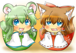 Rule 34 | 2girls, :3, animal ears, bad id, bad pixiv id, blue eyes, blush, bow, bowl, brown hair, cat ears, cat girl, cat tail, chibi, detached sleeves, fang, female focus, frog, girl in a bowl, green hair, hair bow, hair tubes, hakurei reimu, hamster ears, in bowl, in container, japanese clothes, kemonomimi mode, kochiya sanae, long hair, long sleeves, miko, multiple girls, open mouth, rebecca (keinelove), snake, tail, touhou, translation request