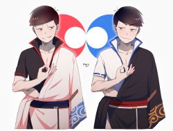 Rule 34 | 10s, 2boys, ahoge, alternate costume, artist name, bad id, bad pixiv id, black eyes, black hair, black shirt, brothers, collarbone, cosplay, eyebrows, gintama, grin, japanese clothes, long sleeves, looking at another, looking to the side, male focus, matsuno karamatsu, matsuno osomatsu, mery (yangmalgage), money gesture, multiple boys, nakamura yuuichi, off shoulder, osomatsu-kun, osomatsu-san, osomatsu (series), ribbon-trimmed sleeves, ribbon trim, sakata gintoki, sakata gintoki (cosplay), sakata kintoki, sakata kintoki (gintama), sakata kintoki (gintama) (cosplay), sash, shirt, short sleeves, siblings, simple background, smile, smirk, sword, symmetrical hand pose, symmetrical pose, voice actor connection, weapon, white background, white shirt, wide sleeves, wooden sword