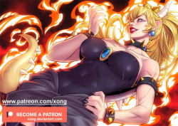 Rule 34 | 1girl, armlet, bare shoulders, black collar, black dress, black nails, blonde hair, blue eyes, borrowed design, bowsette, bracelet, breasts, collar, collarbone, commentary, covered navel, crown, dress, dutch angle, earrings, fingernails, fire, from below, gender request, genderswap, grin, hair between eyes, hand on own hip, horns, jewelry, large breasts, mario (series), muscular, muscular female, nail polish, new super mario bros. u deluxe, nintendo, patreon username, pointy ears, ponytail, sharp fingernails, sharp teeth, smile, spiked armlet, spiked bracelet, spiked collar, spiked shell, spiked tail, spikes, standing, strapless, strapless dress, super crown, tail, teeth, transformation, turtle shell, xong