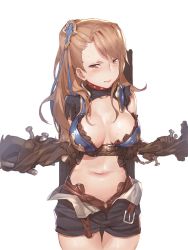 Rule 34 | 10s, 1girl, armor, arms behind back, beatrix (granblue fantasy), belt, bikini armor, blush, bound, breasts, brown eyes, brown hair, cancer (zjcconan), cleavage, cowboy shot, female focus, granblue fantasy, hair ornament, highres, large breasts, lips, long hair, looking at viewer, midriff, nail, navel, open fly, shorts, simple background, solo, tears, tied up, torn clothes, unbuckled, open belt, unbuttoned, unzipped, white background