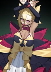 Rule 34 | 1girl, arms up, ball gag, bdsm, blonde hair, bound, bound wrists, bow, breasts, demon girl, detached sleeves, disgaea, dress, gag, gagged, handsofmidaz, highres, large breasts, looking at viewer, makai senki disgaea 2, pointy ears, red eyes, restrained, rozalin, short hair, solo, strapless, strapless dress, variant set, yellow bow