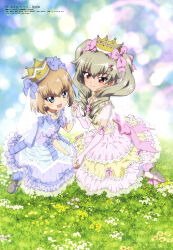 Rule 34 | 2girls, :d, absurdres, anchovy (girls und panzer), back bow, blonde hair, blue dress, blue eyes, blue footwear, bow, brown eyes, closed mouth, copyright notice, crown, dress, drill hair, elbow gloves, flower, frilled dress, frills, girls und panzer, gloves, grass, green hair, hair ornament, hair ribbon, hairclip, high heels, highres, holding hands, jewelry, jitsuhara noboru, katyusha (girls und panzer), lolita fashion, long hair, looking at viewer, megami magazine, multiple girls, necklace, official art, on grass, open mouth, purple dress, purple footwear, ribbon, short hair, smile, twin drills, veil
