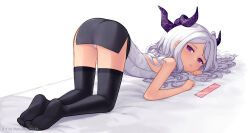 Rule 34 | 1girl, all fours, ass, batazungharn, bed, bed sheet, black skirt, black thighhighs, blue archive, commentary request, demon girl, demon horns, forehead, halo, highres, hina (blue archive), horns, long hair, looking at viewer, no shoes, official alternate costume, parted bangs, pencil skirt, ponytail, purple eyes, ruler, shirt, side slit, sidelocks, skirt, sleeveless, sleeveless shirt, soles, solo, thighhighs, top-down bottom-up, white background, white hair, white shirt