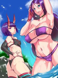 Rule 34 | 2girls, arm up, armpits, ass, back, bare shoulders, bikini, black fundoshi, blue sky, blush, bob cut, breasts, chinese clothes, choker, cleavage, closed mouth, collarbone, detached sleeves, dudou, eyeliner, eyepatch bikini, fate/grand order, fate (series), fingerless gloves, forehead jewel, fundoshi, gloves, highres, horns, japanese clothes, kemono-o mujin, large breasts, long hair, looking at viewer, makeup, minamoto no raikou (fate), minamoto no raikou (fate/grand order), minamoto no raikou (swimsuit lancer) (fate), multiple girls, navel, ocean, oni, open mouth, parted bangs, purple bikini, purple eyes, purple hair, red gloves, short hair, shuten douji (fate), shuten douji (fate/grand order), shuten douji (halloween caster) (fate), single glove, skin-covered horns, sky, small breasts, smile, swimsuit, thighs, very long hair, wading