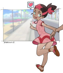Rule 34 | 1boy, 1girl, absurdres, blush, brown hair, commentary request, creatures (company), dark-skinned female, dark-skinned male, dark skin, dress, eyelashes, game freak, green eyes, heart, heart-shaped pupils, highres, holding another&#039;s wrist, jewelry, leg up, looking back, lower teeth only, mimo (pokemon), necklace, nemimini, nintendo, open mouth, pink dress, pointing, pokemon, pokemon (anime), pokemon sm (anime), red footwear, red hair, sandals, shiny skin, short hair, short sleeves, spoken heart, standing, standing on one leg, symbol-shaped pupils, teeth, tongue, wet, wet clothes, wet dress