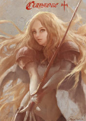 Rule 34 | 1girl, armor, artist request, blonde hair, cape, claymore (series), copyright name, grey eyes, light smile, long hair, painterly, pteruges, simple background, solo, sword, teresa, weapon, yinwoeren