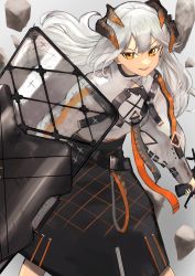 Rule 34 | 1girl, absurdres, arknights, belt, black skirt, chest strap, commentary, debris, dragon horns, feet out of frame, grey background, gyamu (chewing-gum), highres, holding, holding shield, holding weapon, horns, long hair, long sleeves, looking at viewer, orange eyes, parted lips, saria (arknights), shield, shirt, silver hair, simple background, skirt, smile, solo, syringe gun, teeth, upper teeth only, weapon, white shirt