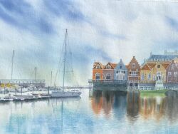 Rule 34 | blue sky, boat, building, cloud, cloudy sky, day, highres, no humans, original, painting (medium), reflection, reflective water, sailboat, scenery, sky, town, traditional media, watercolor (medium), watercraft, yu grassbird