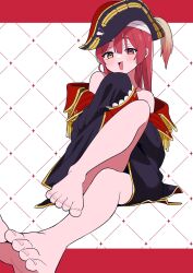 Rule 34 | 1girl, alternate hairstyle, barefoot, black coat, blush, coat, convenient leg, eyelashes, fang, feet, foreshortening, full body, gold trim, hat, heterochromia, highres, hololive, houshou marine, houshou marine (1st costume), knee up, legs, long hair, looking at viewer, off shoulder, on ground, open mouth, pirate hat, red eyes, red hair, sitting, sleeves past fingers, sleeves past wrists, soh himitsuki, soles, solo, toenails, toes, virtual youtuber, yellow eyes