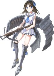 Rule 34 | 1girl, blue eyes, blue neckerchief, boots, bowgun, breasts, brown hair, dress, full body, gloves, hair ornament, holding, holding weapon, kazune (baumkuchen), looking at viewer, medium breasts, mihara (oshiro project), neckerchief, oshiro project:re, oshiro project:re, pleated skirt, sailor dress, skirt, sleeveless, solo, thigh boots, thighhighs, transparent background, weapon