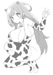 Rule 34 | 1girl, absurdres, animal print, bad id, bad twitter id, bare shoulders, bell, blush, breasts, closed mouth, collar, cow horns, cow print, donguri suzume, elbow gloves, fingerless gloves, from side, gloves, greyscale, highres, horns, large breasts, long hair, looking at viewer, monochrome, neck bell, no panties, simple background, solo, spot color, squatting, thighhighs, white background