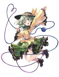 Rule 34 | 1girl, :d, ankle boots, arm up, black footwear, blush, boots, cross-laced footwear, floral print, full body, green eyes, green hair, green skirt, hat, hat ribbon, head tilt, heart, heart of string, highres, jumping, kakao rantan, komeiji koishi, lace-up boots, long sleeves, looking at viewer, matching hair/eyes, open mouth, ribbon, rose print, shirt, simple background, skirt, smile, solo, third eye, touhou, wavy hair, white background, wide sleeves