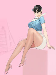 Rule 34 | 1girl, absurdres, arm support, black hair, bobobong, breast pocket, breasts, brown eyes, buttons, closed mouth, commentary request, earrings, fingernails, flight attendant, full body, high heels, highres, jewelry, light smile, lips, looking at viewer, medium breasts, mole, mole under eye, nail polish, original, pantyhose, pink background, pink footwear, pink nails, pocket, see-through, see-through legwear, short sleeves, simple background, sitting, skirt, solo, travel attendant, uniform, white skirt