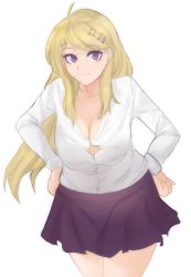Rule 34 | 1girl, akamatsu kaede, blonde hair, breasts, button gap, cleavage, closed mouth, curvy, danganronpa (series), danganronpa v3: killing harmony, fortissimo, hair ornament, hand on own hip, highres, large breasts, leaning forward, long hair, looking at viewer, musical note, musical note hair ornament, purple eyes, skirt, smile, solo, thighs, transparent background, tridisart