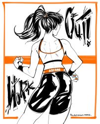 Rule 34 | 1girl, artist name, ass, clenched hands, contrapposto, crop top, female focus, from behind, hair tie, maddestmao, monochrome, nail polish, orange nails, original, ponytail, solo, spot color, standing, tank top, thick thighs, thighs, white background, wristband