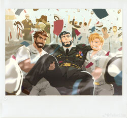 Rule 34 | 6+boys, absurdres, bara, beard, black hair, cameo, carrying, carrying person, celebration, character request, confetti, crossover, dark-skinned male, dark skin, facial hair, facial scar, fallen sanctuary (fallenlion), feet out of frame, full beard, glasses, grey hair, grin, hidden hero (o2h), highres, lifting person, looking at viewer, male focus, mature male, multicolored hair, multiple boys, muscular, muscular male, mustache stubble, o2h (oblivionh), old, old man, one eye closed, pencil mustache, pilot uniform, scar, scar on cheek, scar on face, scratching head, second-party source, short hair, smile, stubble, taking picture, thick beard, thick eyebrows, throwing hat, two-tone hair, yaoi